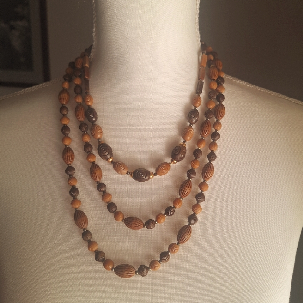 Wood Look Boho Acrylic Necklace Set of 2 Brown Tan Gold Carved Long Beads